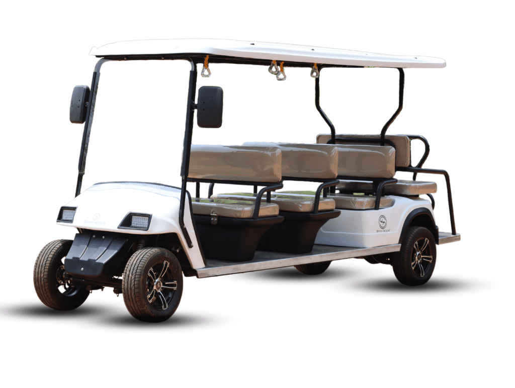 An elegant 8-seater electric golf cart from Nucleus Motors, designed for luxurious and efficient transportation of larger groups in India.