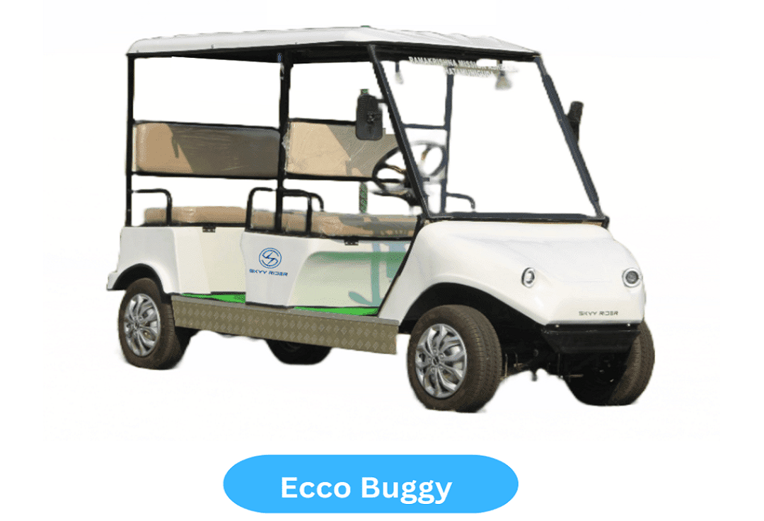 A compact and efficient 6-seater electric golf cart buggy from Nucleus Motors, designed for indoor transportation in venues like airports and resorts.