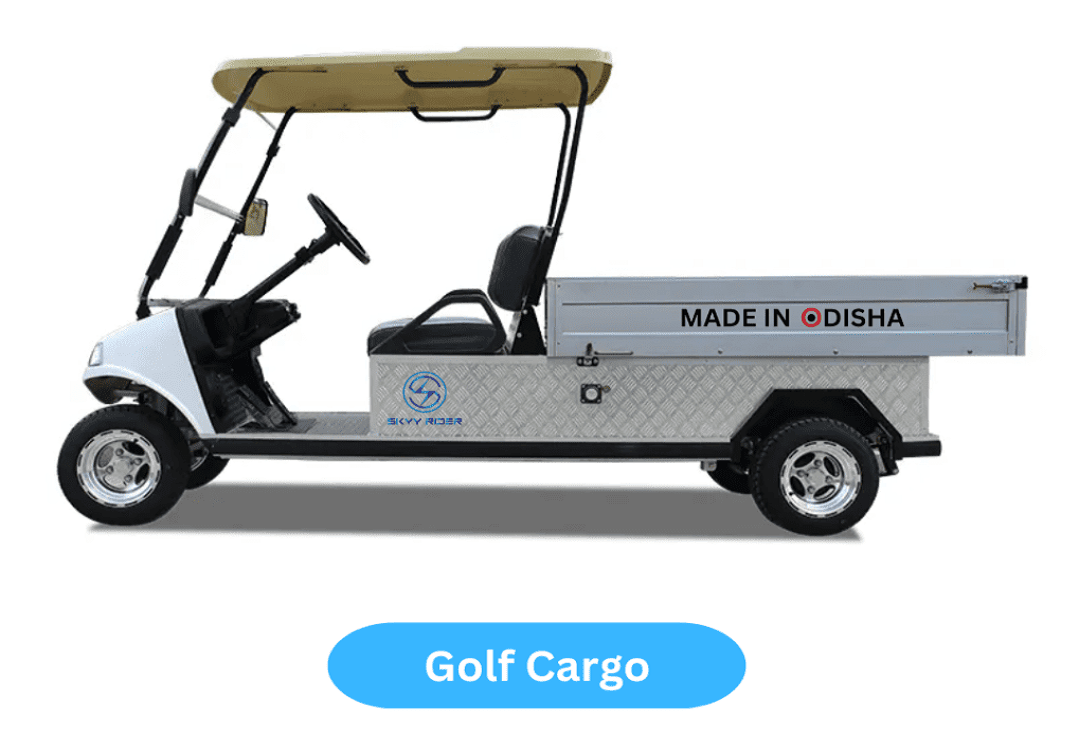 A compact electric golf cart cargo from Nucleus Motors, designed for efficient short-distance transport of goods in various settings like gardens and factories.