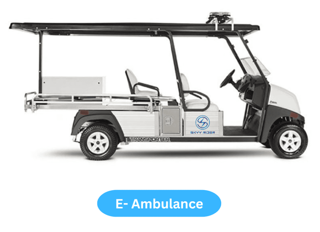 A cutting-edge electric ambulance golf cart from Nucleus Motors, designed for efficient patient transport within hospital environments in India.