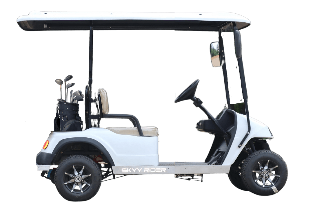 A stylish 2-seater electric golf cart from Nucleus Motors, designed for sustainable transportation and efficient travel.