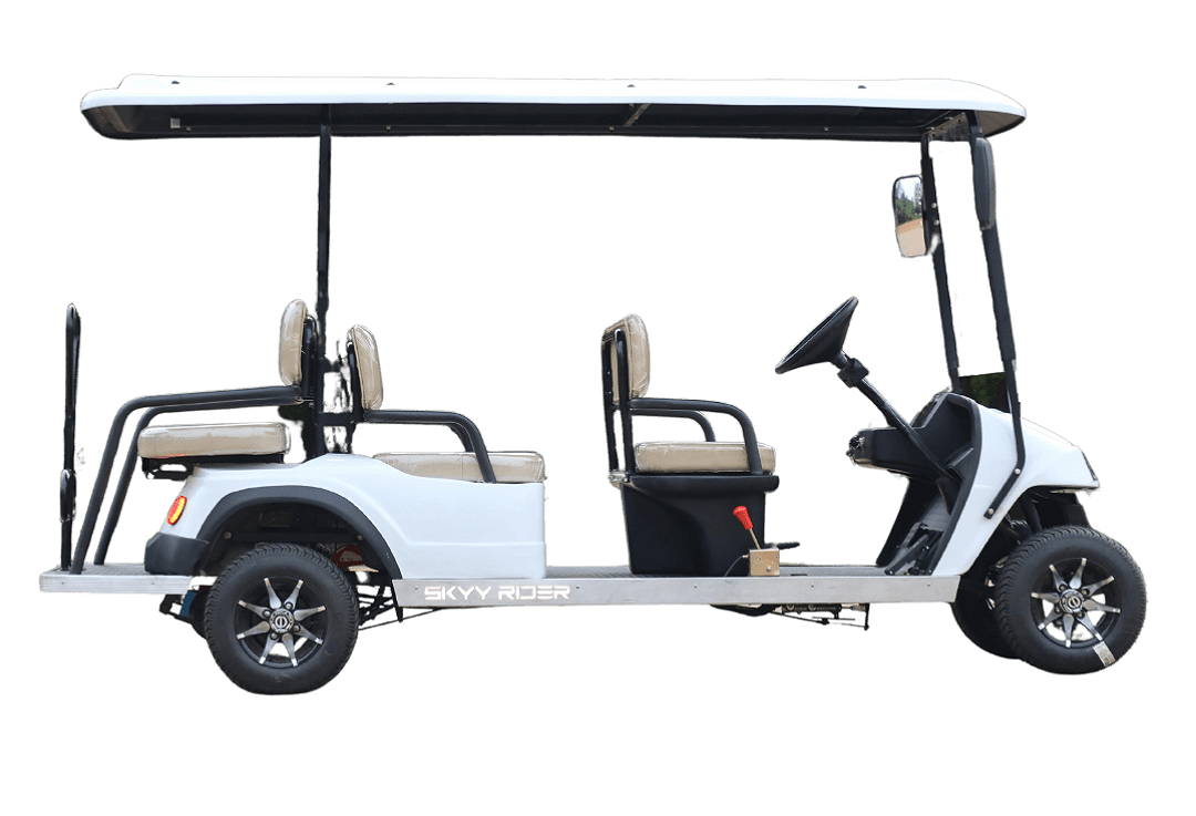 A 6-seater electric golf cart from Nucleus Motors, offering spacious and environmentally friendly transport for larger groups.